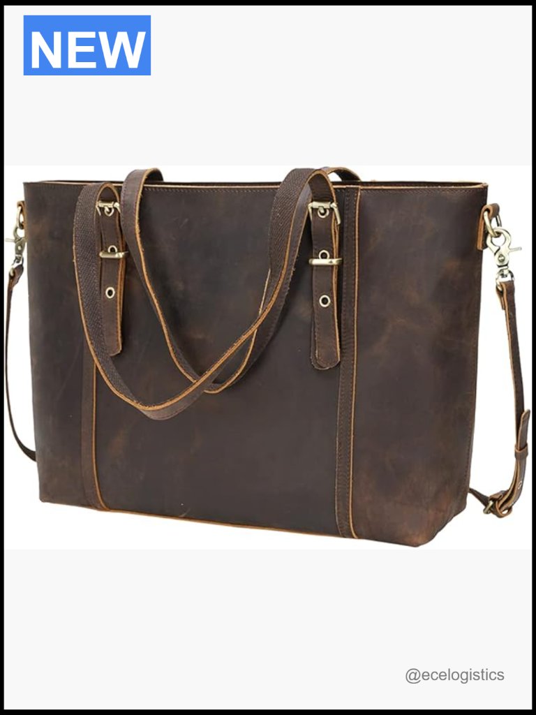 Vintage Full Grain Leather Laptop Tote Shoulder Bag Adjustable Handles 15.6"